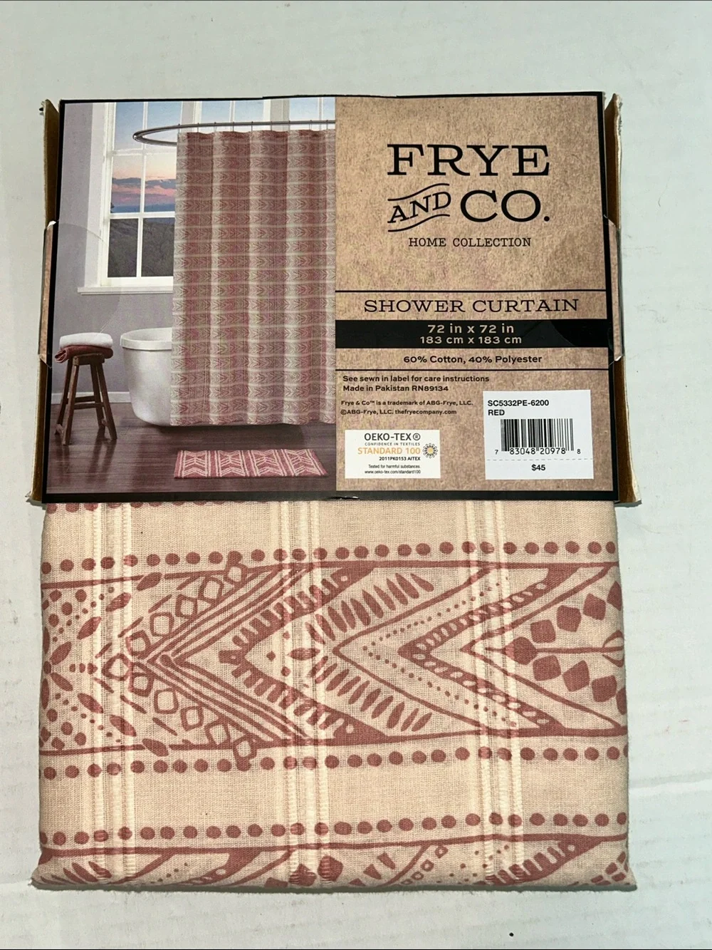 Frye & Co. Home Collection Shower Curtain Western Southwestern red NEW